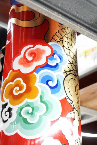 漆塗装(龍 目描き、雲 ぼかし（黄土に岱赭_たいしゃ・白に赤）) 