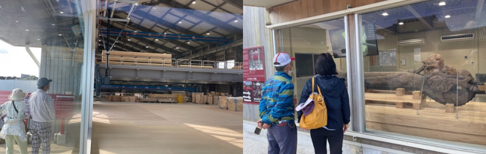 木材倉庫・加工場・原寸場（左）と大龍柱補修展示室（右）